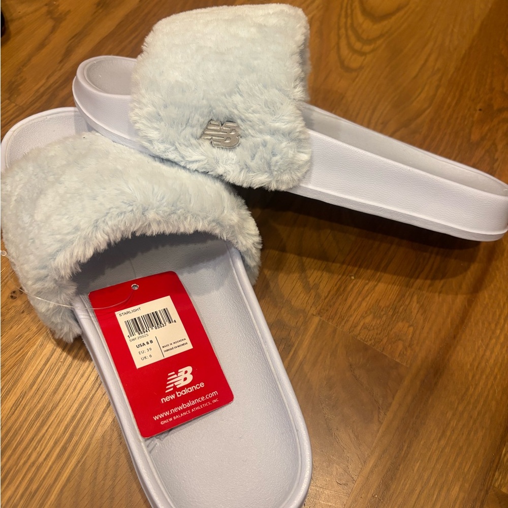 New Balance Light Blue Fuzzy Sandals